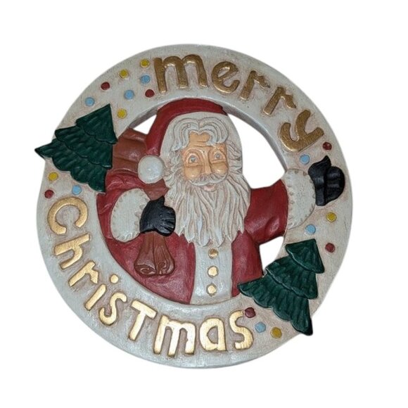 Vintage 1980s 1990s Wooden Hand Carved Merry Christmas Santa Claus Wall Plaque - Picture 1 of 4